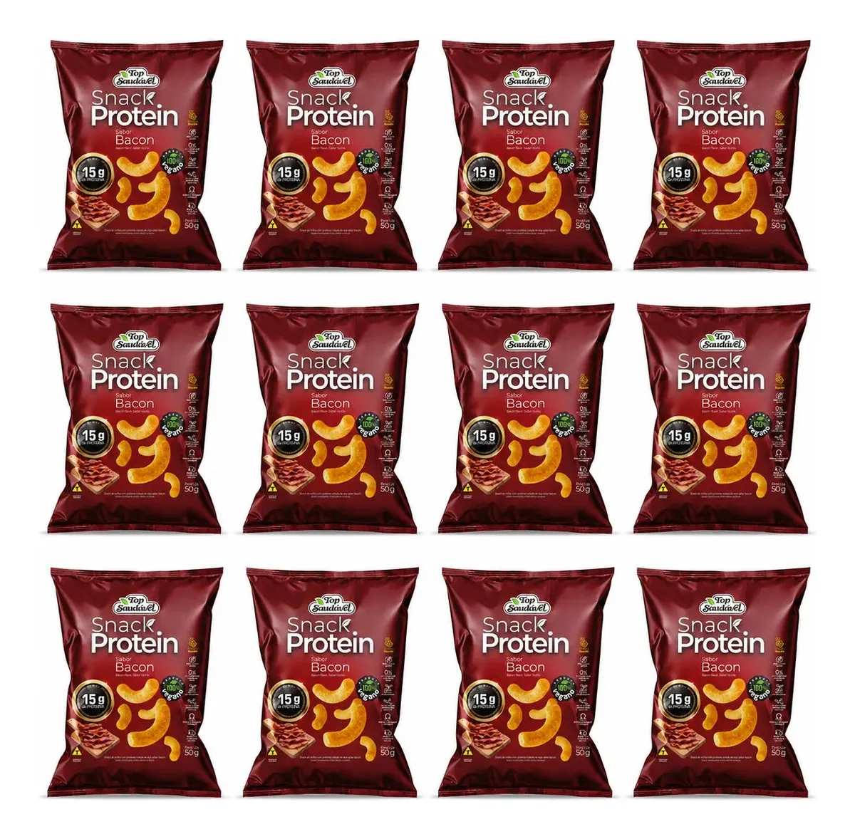Kit 12 Snack Proteico Bacon 15g Proteína Vegano 50g